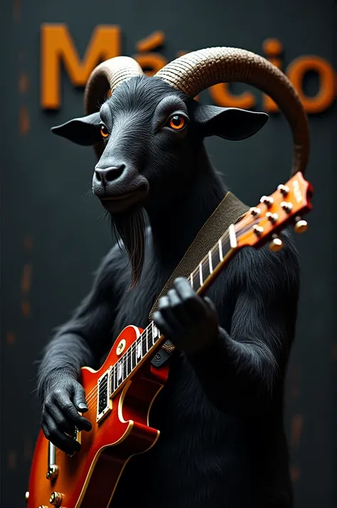 imagem realista 4k, name Márcio STUCK on the guitar, a black goat holding the guitar, rock scene and the name Márcio on the black wall 