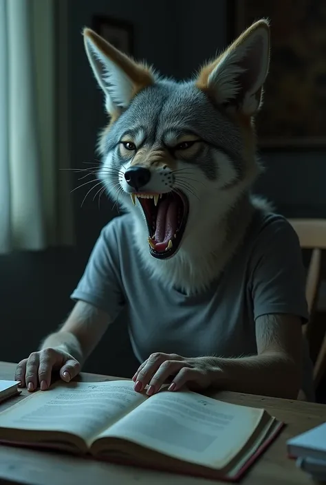 A coyote sits on a table in a skirt and cries with his mouth open and tears. 8k photography. Details. masterpiece. The grey skin and hair look real. Minimum light. Bedroom room. humanoid. Female Coyote. woman body. tears. Sitting at the table with books in...