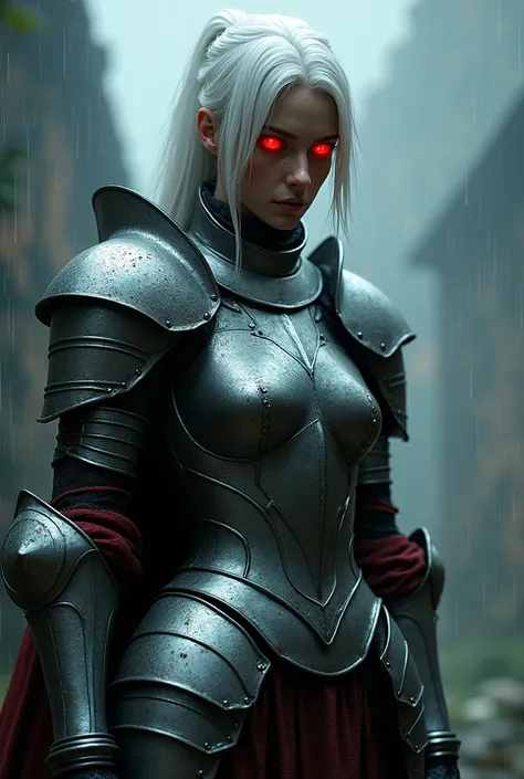 Woman. medieval armor. chrome. white  hair. wet. Rain with thunder . broken armor. eerie glowing red eyes 