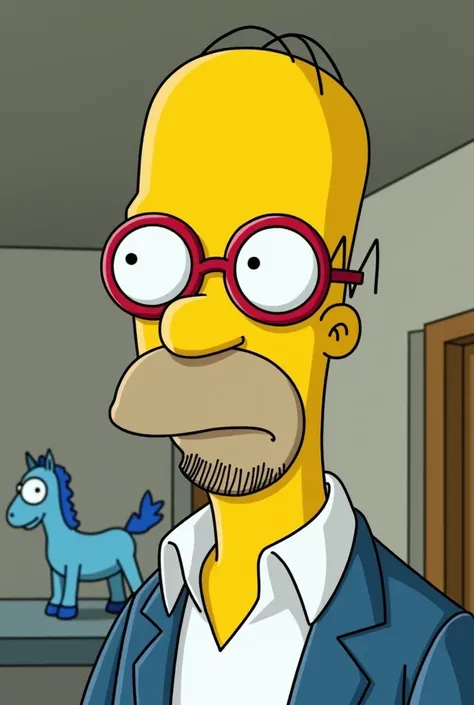 Create the animated character Kirk Evelyn Van Houten with a goatee who is Milhouse&#39;s father with a little blue horse on the periphery and bald in the center of his head with round red-framed glasses