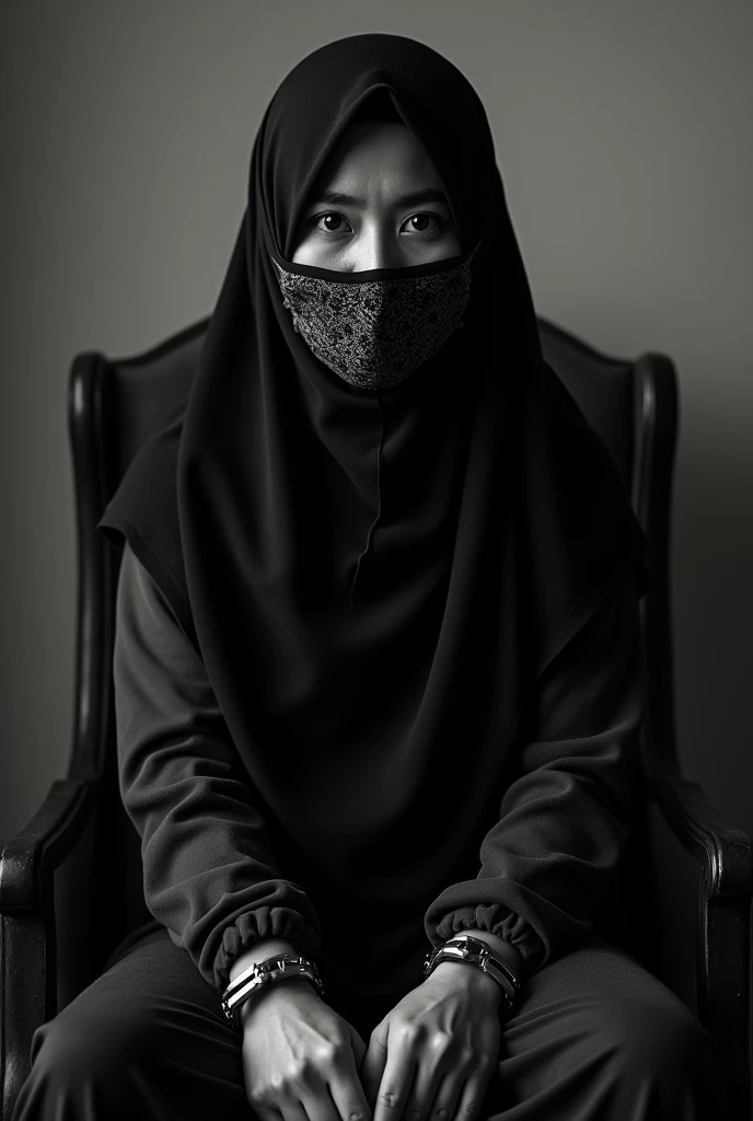 (Photography)(dynamic) Show a Malay female, sitting on chair. Wearing hijab. Gagged. Hands chained.