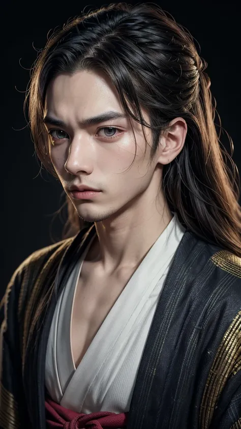 a fusion of gojo and kyojuro rengoku from kimetsu no yaiba, an extremely detailed and realistic portrait of a young man with long hair and intense eyes, beautiful detailed eyes, beautiful detailed lips, extremely detailed eyes and face, long eyelashes, ele...