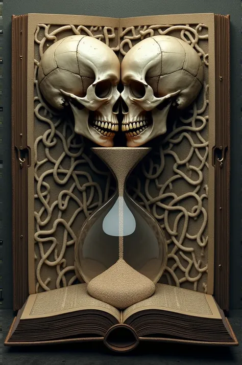 two skulls facing each other, arranged so that their contours form the top and bottom of an hourglass. among the skulls, The central space is filled with sand that flows from one to another, completing the hourglass figure.

The background shows a detailed...