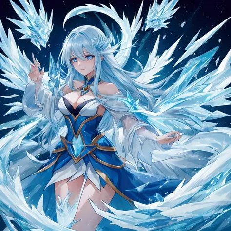 mage is casting ice beem hitting fire dragon on wing ground around her is freezing eyes and hair have  lines of flowing mana 