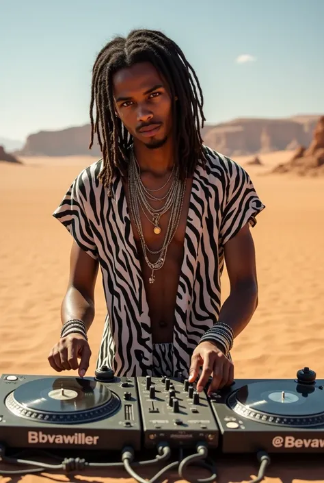  Garcon métisse jeune avec dread locks avec bijoux en métal dans les dreadloks dedans et tatooâge qui mix sur 2 platine vinyl avec un mixeur dans un désert avec chemise zèbres noir et blancs et short noir et blanc 