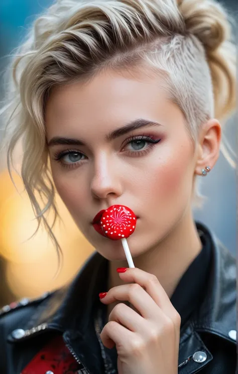 concept art 21 year old European supermodel,punk hair do,holding a small red lollipop in front of her chin,artsy,bokeh,f1.4,40mm,photorealistic,raw,8k,skin pores,fashion magazine cover shot,, Thorough,analog style,eye focus,highest quality,(highly detailed...