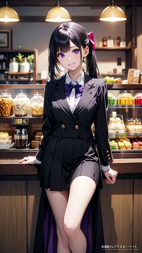 (最高masterpiece, Highest quality,Official Art),(Attractive woman),((masterpiece, Highest quality))、 One female、((28 years old))、Head to Knee、Attractive woman、smile、Purple eyes、Black Hair、Half-up hairstyle、Black suit、Black long skirt、A bow tie、Emerald green ...