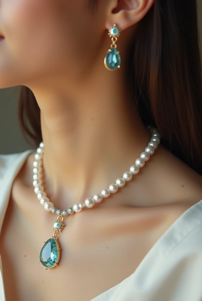 Natural pearl necklace and original aquamarine stone on a beautiful young woman Hypoallergenic and stable color First grade steel material with gold coating First class natural pearls