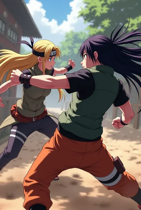 Female Naruto, with bandana x female Sasuke fighting with bandana, female version, Disney Pixar style long hair.