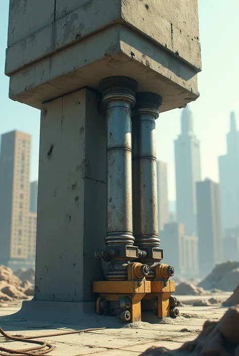 It has a hydraulic jack on a concrete structure pushing a building (pedestal) 