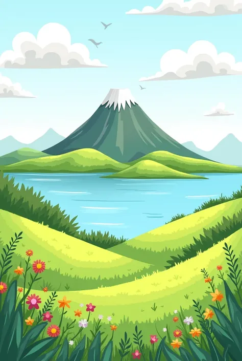 Landscape that has a volcano, sea or lake and lots of grass for preschool children that is for coloring