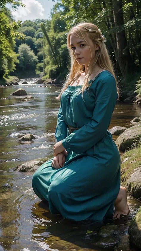 "Imagine an enchanting scene where a young Celtic girl, with blonde hair and bright blue eyes, is kneeling by a clear river, carefully washing red clothes. She is dressed in a costume typical of the Celtic era, characterized by a simple but elegant fabric ...