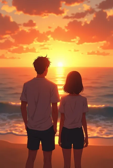 Please create a couple with straight brown hair and brown skin watching a sunset in front of the beach They look at the sun, woman has short hair, realisitic 