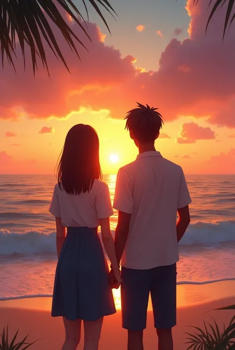 Please create a couple with straight brown hair and brown skin watching a sunset in front of the beach They look at the sun, woman has short hair, be realist 