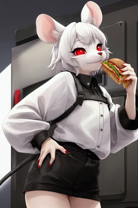 Mouse girl, white fur, Red eyes, black pupils, thin rat whiskers, Red jumpsuit, Opening a fridge and eating a sandwich with fries, High definition , rat tail, Mouse ear, Anthropomorphic, Furry,Short hair, Hairless rat tail,Farmers clothing 