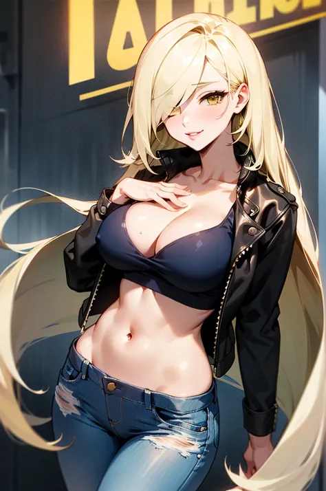 (masterpiece), Highest quality, Very detailed, One person (Ramping, Slender and sexy body, large and clean breasts, blonde_hair, very long hair (hair over one eye:1.3), Yellow Eyes, Half-closed eyes), Fascinating face,  Wicked Smile, Lips parted, alone, Bl...