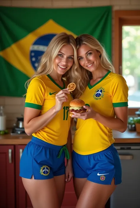 make an image with beautiful blonde women dressed in the uniform of the Brazilian football team (yellow shirt and blue shorts) getting food in the kitchen don&#39;t show the number on the shirt as they are players, the legs need to be thicker and the breas...