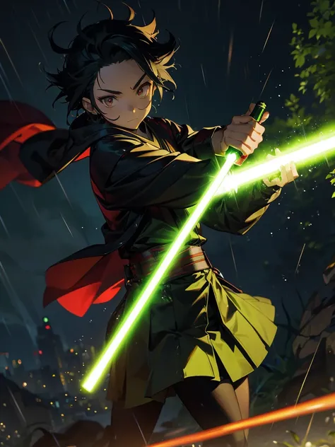 tanjiro kamado as demon slayer, in jedi clothing and using a green lightsaber, in the rain at night