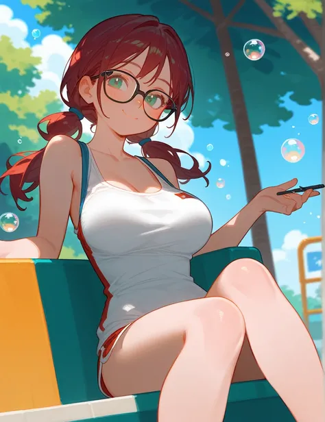 (from below:0.4), score_9_up,score_8_up, 1girl, solo, green eyes, burgundy hair,  twin low tails, long hair, ((blush)), singlet, closed mouth, smile, big breast, pose, ((sitting)),  (thin girl:1.2), (bubbles), ((entertainment park)), glasses, 