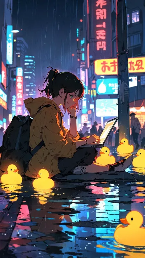 anime girl sitting on the ground with a laptop in the rain, artwork in the style of guweiz, by Yuumei, lofi girl, inspired by Liam Wong, by Atey Ghailan, by Yang J, makoto shinkai cyril rolando, lofi artstyle, in style of atey ghailan, lofi art