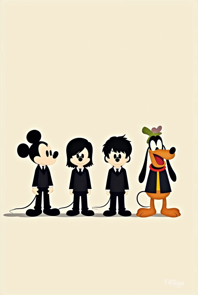 Mickey, Pato Donald, goofy and pluto dressed as minimalist beatles 