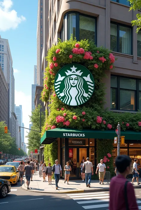 A busy street with a Starbucks on the corner with the logo "STARS" WITH FLOWERS AS DECORATION 