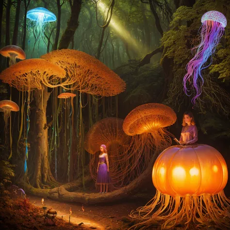 golden hour, paranormal activities, surreal illustration of a colorful forrest with weird trees, beautiful young woman with face of Janina Porazińska morphed with Anne Hathaway with jellyfish hairdo, gigantic jellyfish ufo, log cabin morphed with  gigantic...