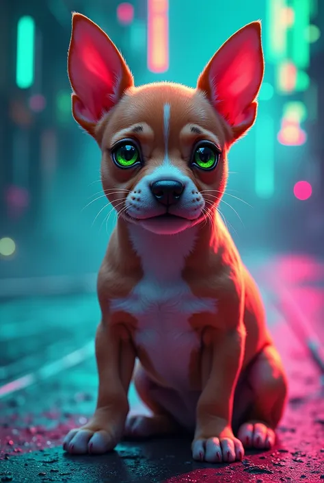 generate a picture of a fawn American micro bully with green eyes, neon background