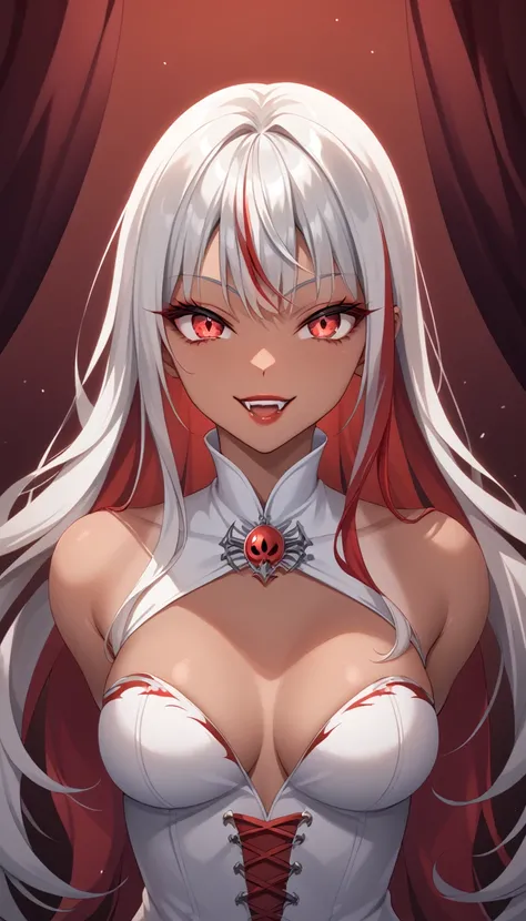 1 Girl, Vampire, Medium Breasts, Dark Red Hair, Silver Highlights In Hair, Vampire Hair Style, Long Hair, Red Vampire Eyes, Tanned Skin, Smooth Skin, Soft Features, Nice Lips, Insane Smile, Cute Face, White Vampire Outfit, Royal Vampire, Upper Body Shot,