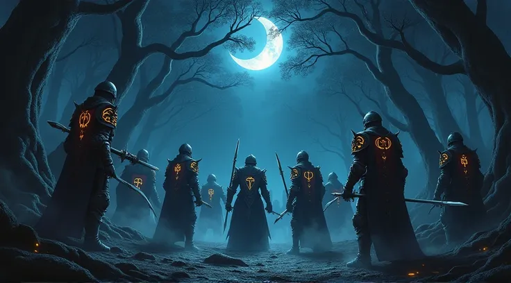 Prompt 1: The Battle Preparation
Description: A dark, mystical forest at night, illuminated by a crescent moon. In the foreground, several heavily armored warriors from the guild "La Danse Macabre" are preparing for battle. Their armor is ornate, with glow...