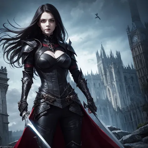 gothic vampire woman with armor and sword in victorious pose