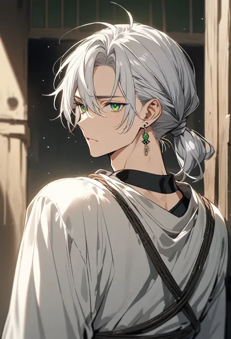  A man with silver hair tied up, with green eyes and wears earrings