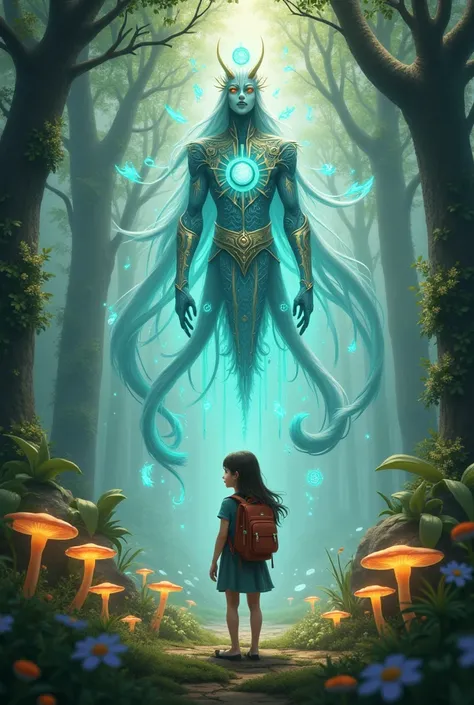 A magical guardian in a magical forest a girl explorer 
