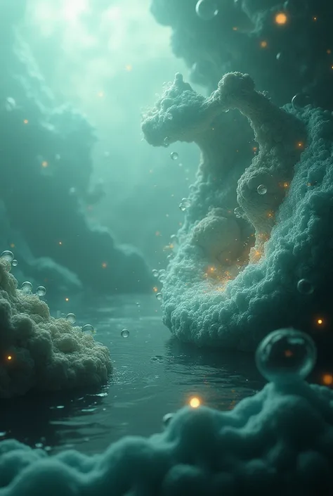 Primitive ocean with molecules and bubbles representing the formation of organic compounds