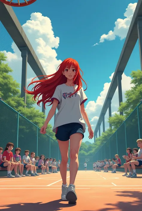 A red-haired teenage girl walked onto the court, There were several students scattered around the place in small groups. But she was looking for a specific group, Your friends, sitting near the beam.
