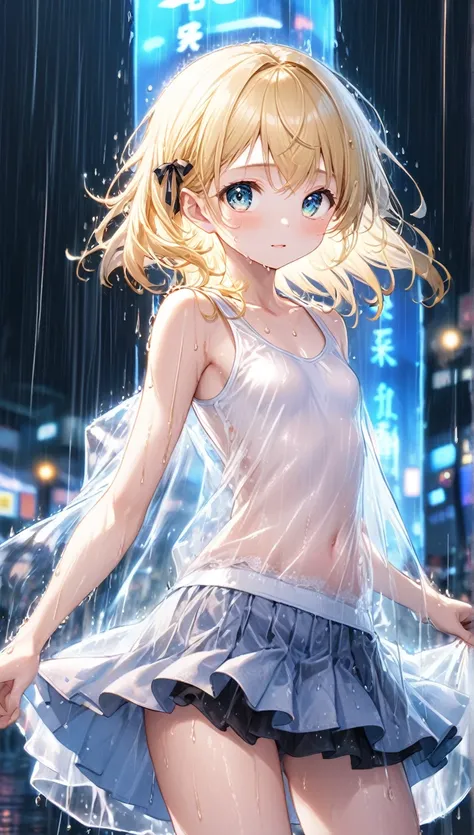 (Highest quality,8k,32K,masterpiece,Ultra-high resolution :1.2 ),born,One person,Super cute,Natural light,Clear, shining eyes,20-year-old,Fair skin,Thunderous night electronic world fantasy background,Blonde,Tank top,ribbon,mini skirt,Small breasts,See-thr...