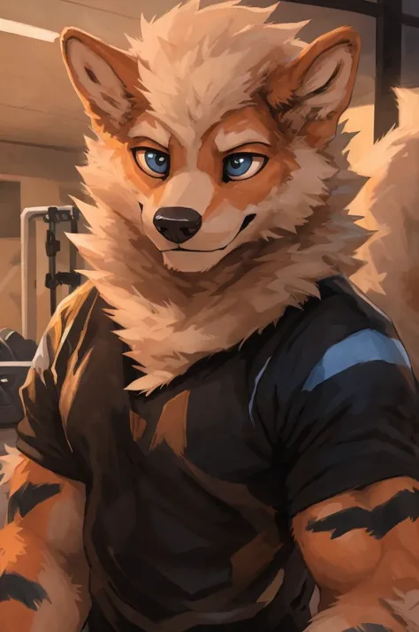 male arcanine, arcanine, orange, posing, gym_clothes, gym_background, by kenket, by darkgem, by miosha, detailed_face,detailed_c...