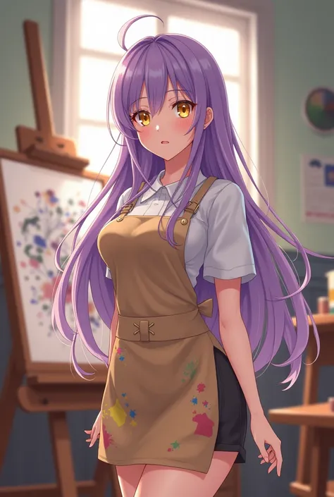 1 girl, long lavender hair, yellow eyes, Art teacher, pretty, anime style, big breasts, teacher clothes, lilac hair, apron with paint stains 