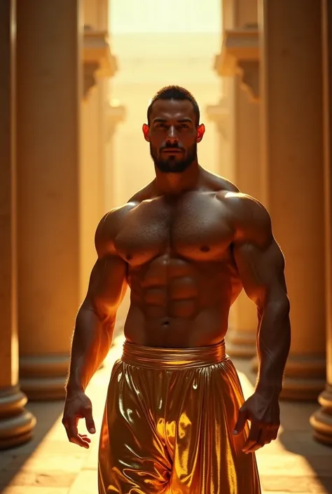 a muscular athletic shirtless man,25 years old,perfect physique,covered in gold,standing in a grand hall with massive doric columns,daylight streaming in from the ceiling,dramatic lighting,intricate details,high quality,photorealistic,cinematic,HDR,studio ...