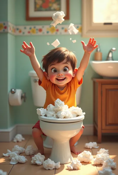 Child throwing paper into the toilet 