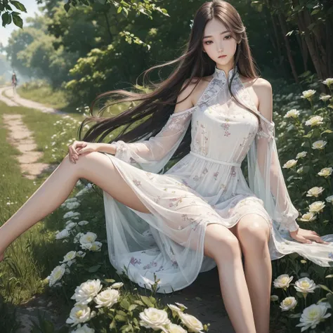 ((best qualityer, 8k, work of art: 1.3)), 1 girl, Slender Beauty: 1.3, (long hair: 1.2), flowered dress, Legs long: 1.1, Super thin face, thin eyes, Double eyelids, open air