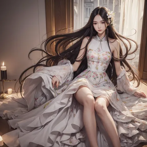 ((best qualityer, 8k, work of art: 1.3)), 1 girl, Slender Beauty: 1.3, (long hair: 1.2), flowered dress, Legs long: 1.1, Super thin face, thin eyes, Double eyelids, open air