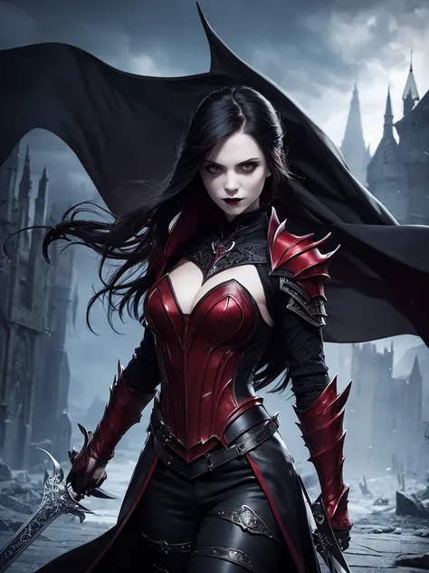 gothic vampire woman with armor and sword in victorious pose