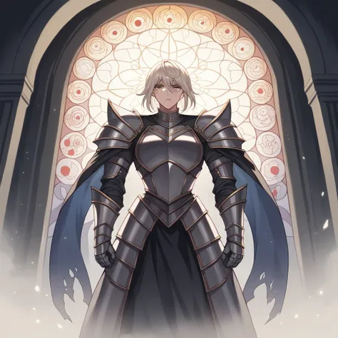 Create an illustration of a female knight in a grand, dimly lit cathedral. The knight has long, flowing platinum blonde hair and is clad in ornate, silver armor adorned with intricate gold details, now tarnished and cracked. She stands solemnly with a maje...