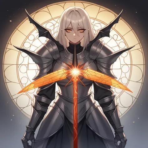 Create an illustration of a female knight in a grand, dimly lit cathedral. The knight has long, flowing platinum blonde hair and is clad in ornate, silver armor adorned with intricate gold details, now tarnished and cracked. She stands solemnly with a maje...