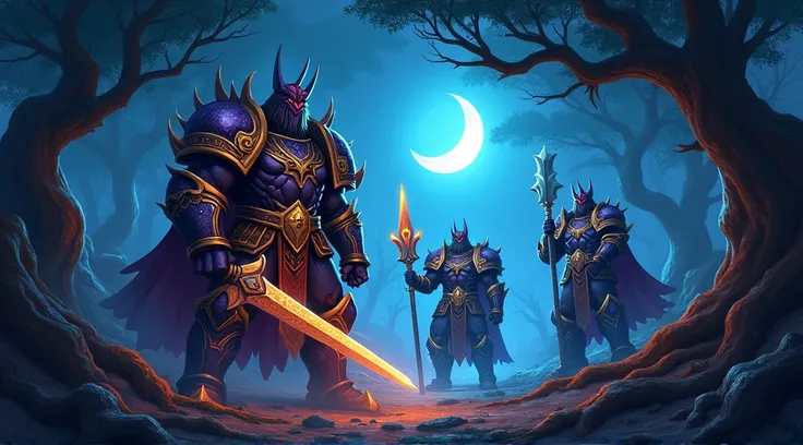 Prompt 1: The Battle Preparation (World of Warcraft Style)
Description: A dark, mystical forest at night, lit by a crescent moon. Heavily armored characters, resembling heroes from World of Warcraft, prepare for battle. Their armor is ornate, oversized, an...