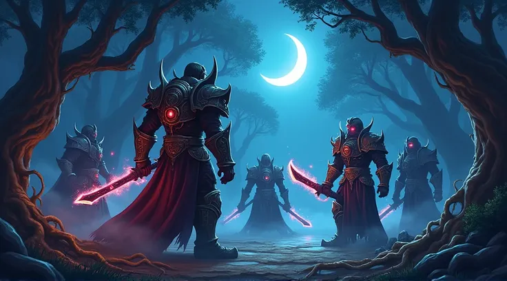 Prompt 1: The Battle Preparation (World of Warcraft Style)
Description: A dark, mystical forest at night, lit by a crescent moon. Heavily armored characters, resembling heroes from World of Warcraft, prepare for battle. Their armor is ornate, oversized, an...