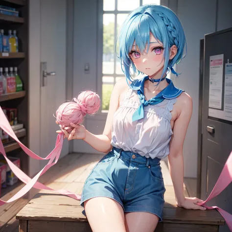 (Sky blue hair),(Braided short hair), (Pink Eyes),Fair skin) ,(whole body),(one person&#39;s),(Embarrassed),(The background is a school classroom),(Heart lettering on a blackboard),(Heart-shaped chocolate),(Hand it forward with both hands),(Sailor suit),(v...