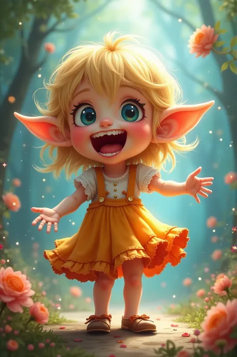 Affectionate and mischievous little elf who is throwing a tantrum. blonde hair. Bulging eyes and big cheeks. He laughs with a missing tooth in his mouth. She is dressed in a girl&#39;s dress. Elf girl.