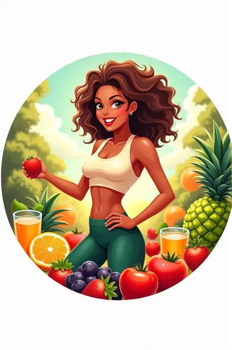 Circular logo of the name Frutimar Enjoy the healthy. That has fruit, ice-cold juices and a sporty woman with brown curly hair